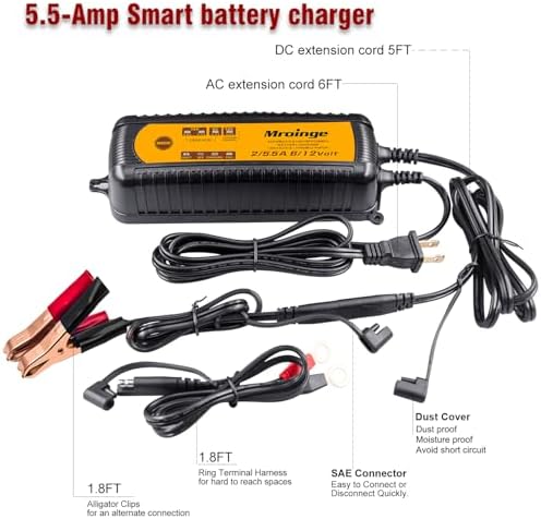 Smart Battery Charger, Mroinge 5.5A 6V/12V Automatic Battery Charger/Maintainer for Cars, Motorcycles, SUVs, Trucks and More