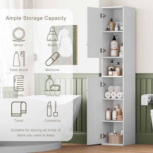 64" Narrow Bathroom Storage Cabinet with Adjustable Shelves and Drawer | 6-Tier Tall Slim Storage Cabinet, Anti-Tip Kit Included