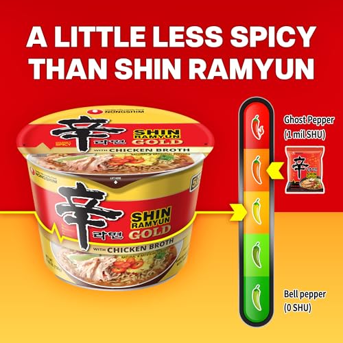 Nongshim Shin Ramyun Bowl Noodles, Spicy Korean Signature Instant Ramyun, Rich Beef Flavored Broth, Quick and Easy, Microwaveable Bowl, 3.03 oz (Pack of 12)