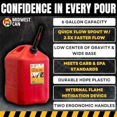 Midwest Can 6610 Safe-Flo Auto Shut Off 6 Gallon Gas Can – Durable Fuel Containers with FlameShield Safety System & Quick-Flow Spout - Red - 4 Pack