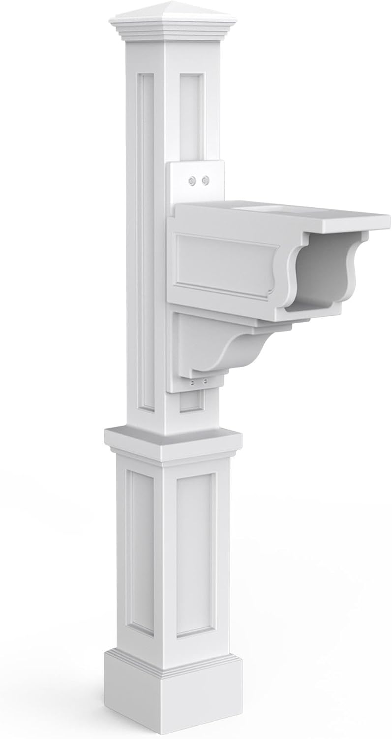 Mayne Dover Decorative Mailbox Post with Newspaper Holder, White | For post-mount mailboxes, Weather & fade resistant, All season, 15-year warranty