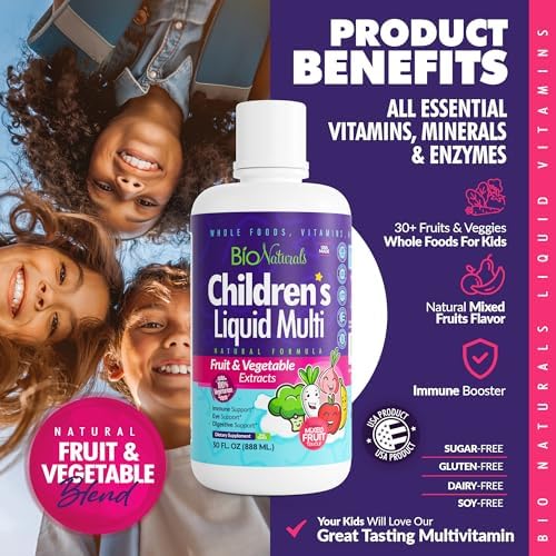 Children's Liquid Multivitamin & Immune Booster - Natural Supplement for Kids & Toddlers with Vitamins A B C D3 E, Fiber