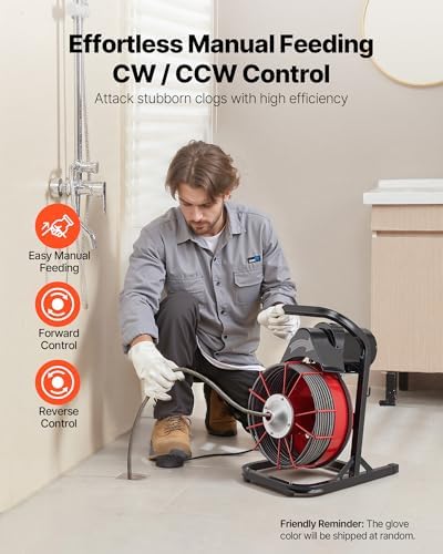 VEVOR Drain Cleaner Machine 75 FT x 3/8 Inch, Sewer Snake Auger Manual Feed with 4 Cutters & Air-activated Foot Switch for 2" to 4" Pipes