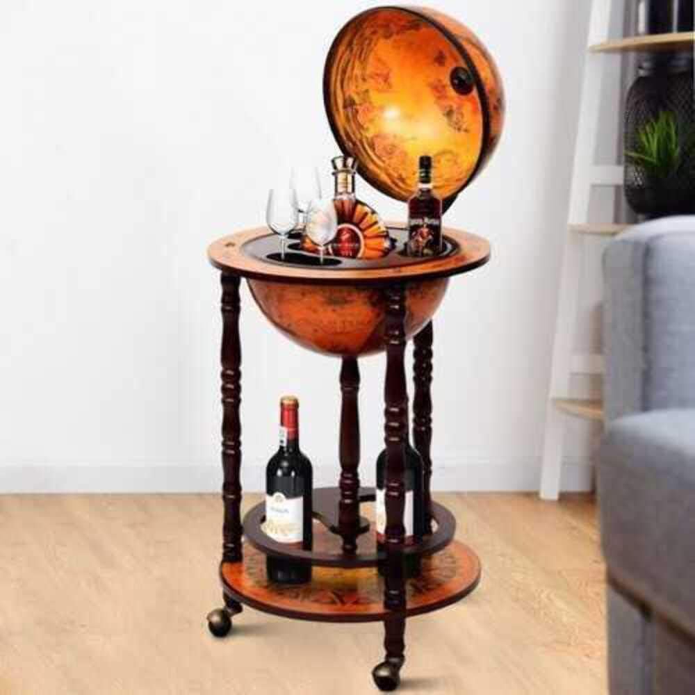 New 36" Wood Globe Wine Bar Stand 16th Century Italian Rack Liquor Bottle Shelf