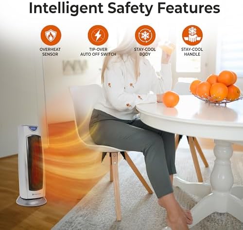 Comfort Zone Electric Oscillating Ceramic Tower Space Heater, Remote, Backlit Digital Thermostat & Temperature Display, Timer, & Overheat Sensor