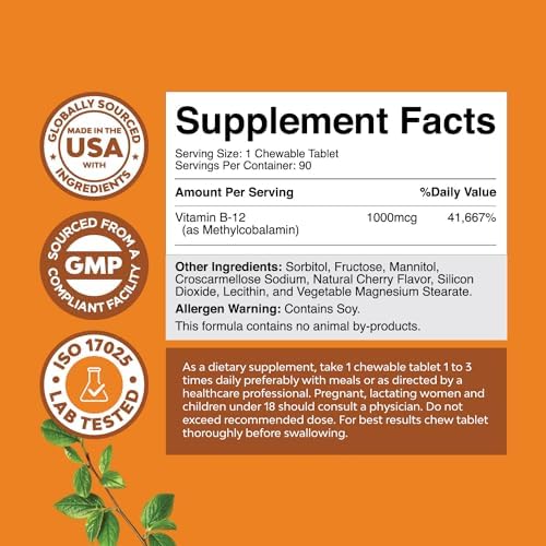 Chewable Vitamin B12 1000mcg for Energy & Mood Support- 90 Count