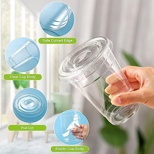 TashiBox Plastic Cups with Flat Lids 100 Sets 16 oz, Clear Crystal drink cups with lids