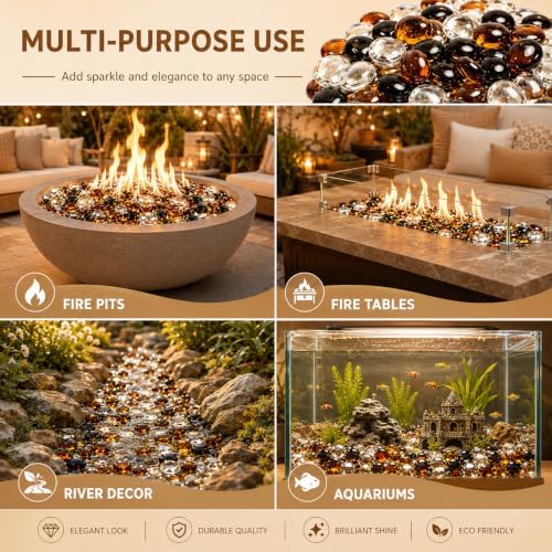 Hisencn Fire Glass Beads for Fire Pit 1/2 Inch, Blended Blue Fire Glass Rocks for Propane Gas Fireplace or Natural