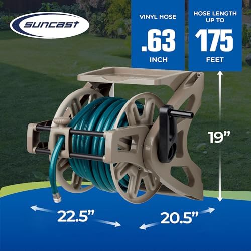 Suncast Slide Trak Garden Hose Reel, Wall-Mount Holder with Storage Tray, Dark Taupe - Outdoor Mounted Organizer for 175 Ft of 5/8" Standard Vinyl Water Hoses in Lawn and Yard