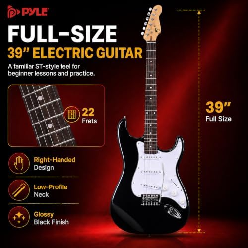 Pyle Electric Guitar and Amp Kit - Full Size 39" Complete Starter Kit with Wearable Bluetooth Amplifier, 1/4” Cable, Carry Case, Strap, Strings, Picks, Cleaning Cloth, ST-Style Pickups (Black)