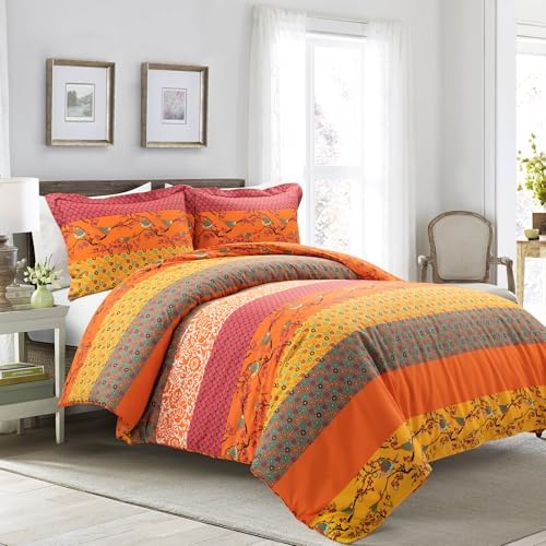 Lush Decor Royal Empire Reversible Cotton Quilt Set, 3 Piece Set Full/ Queen, Plum - Striped Bedding Set - Floral Quilt Queen Size - Purple Bedding - Boho Decor