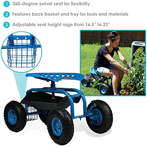 Sunnydaze Rolling Garden Cart with Seat - Garden Stool with Wheels and Adjustable 360-Degree Swivel Seat - Utility Tool Tray and Storage Basket - Green
