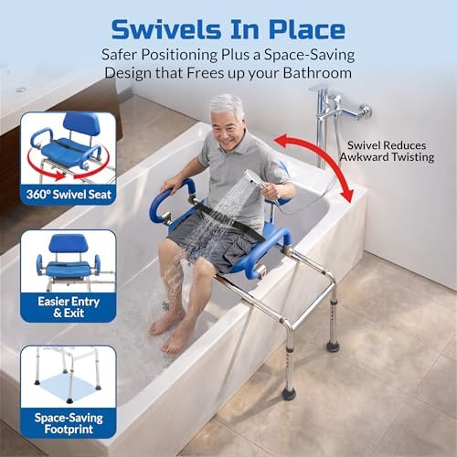 Carousel Sliding Shower Chair Tub Transfer Bench with Swivel Seat Elderly | Slide Safely In & Out of the Tub - Blue, padded seat, padded armrests, swivel seat, backrest, portable, tool-free assembly