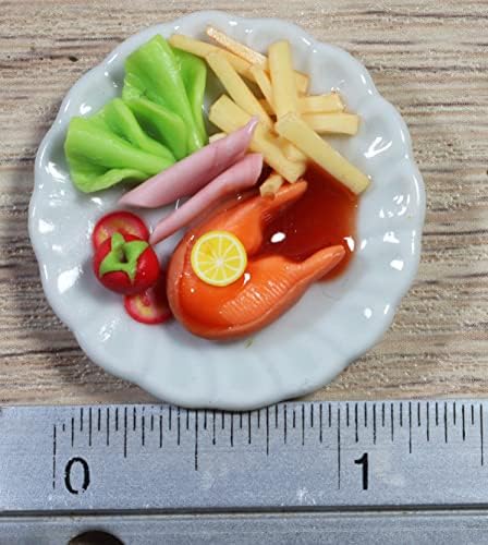 Mixed 5 Assorted Breakfast Dollhouse Miniature Food Set (1/6 Scale) – Sausage, Salmon Steak, Bacon, Burger & Fried Egg on Ceramic Plates
