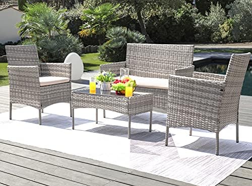 Greesum Patio Furniture 4 Pieces Conversation Sets,Brown and Beige