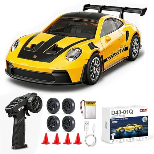 ARRIS 1/43 911 RC Drift Car 4WD with Gyro Full Proportional RTR | Alloy Body, 20KM/H Speed, Extra Drift Tires, Silent Bearings, LED Lighting