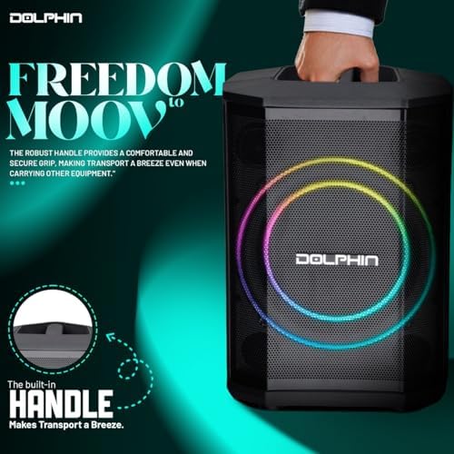 Dolphin Bluetooth Party Speaker with Wireless Microphone, 8" Woofer | 40W RMS, 3D LED Ring Light, RGB Lights, TWS Pairing, USB/AUX