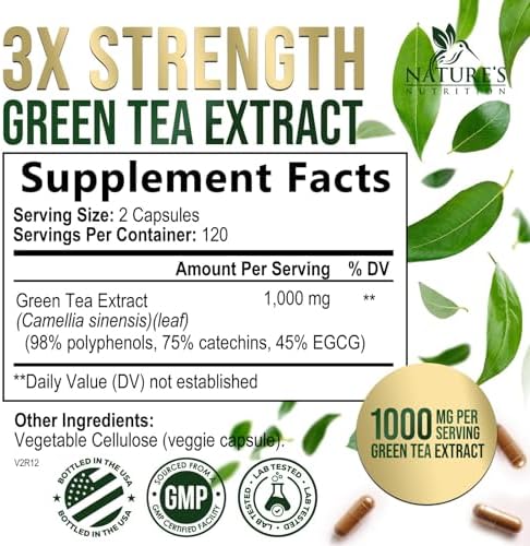 Green Tea Extract Capsules - 3X Strength Green Tea Extract 1000 mg Per Serving Pills with 45% EGCG & 98% Polyphenols for Natural Energy - Antioxidant Herbal Heart Support Supplement - 240 Capsules