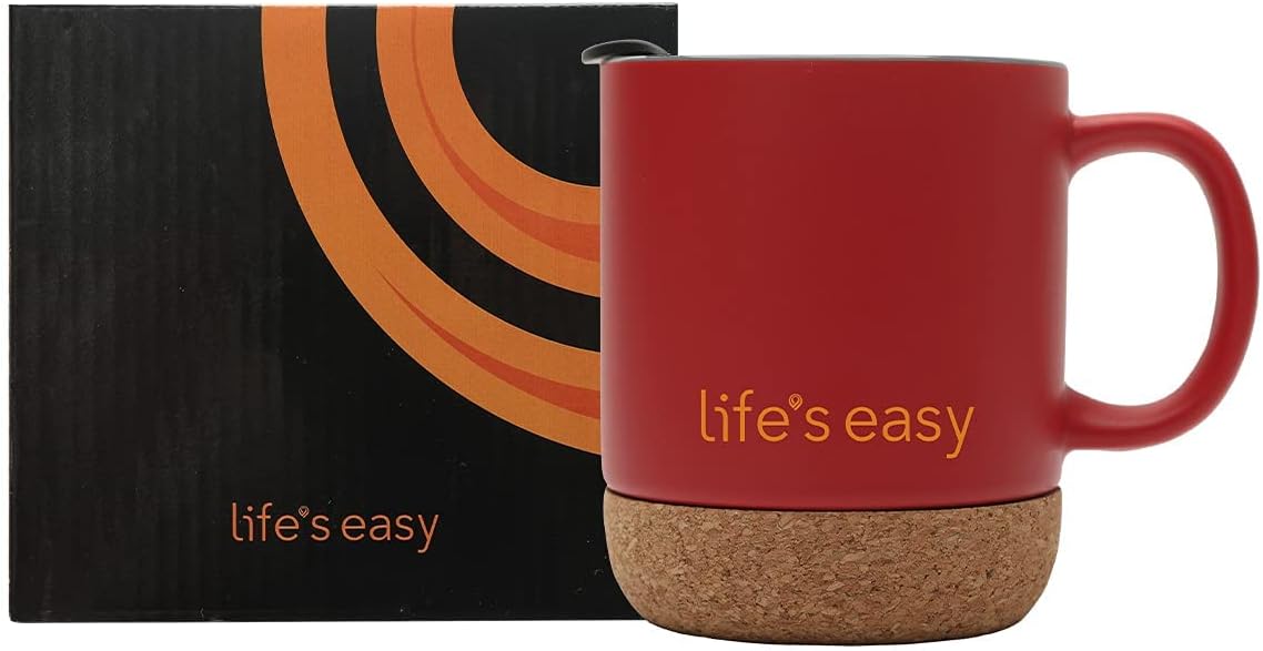 Life's Easy 12 oz Coffee Mug with Insulated Cork Bottom and Push-On Splash-Proof Lid - Black