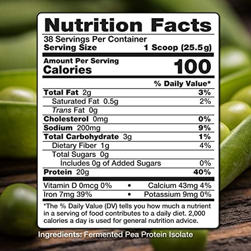 Pea Protein Powder, Vegan Chocolate Flavor, 100% Plant Based, No Artificial Sweeteners, Non GMO, Gluten Free & Soy Free, 2.11 LB