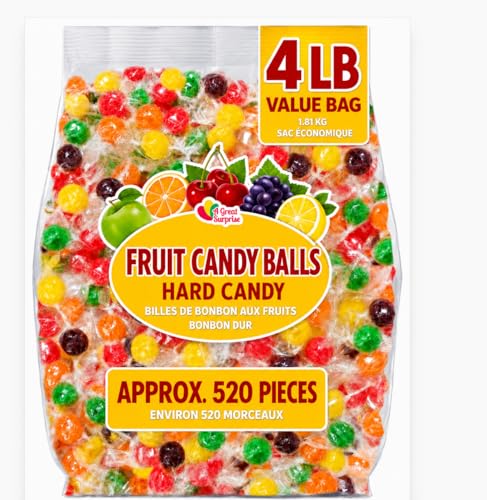 Assorted Fruit Balls Hard Candy, 4 lb Sour Variety, Office Candies | Approx. 520 Pcs, orange, lemon, grape, green apple and cherry sweets for offices, desks, classrooms
