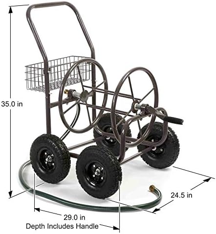 Liberty Garden Residential Grade Four Wheel 250 Foot Capacity Steel Frame Water Hose Reel Cart with Basket for Backyard, Garden, or Home, Brown