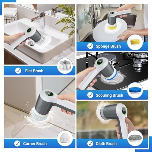 PUFTEM Electric Spin Scrubber, Cordless Shower Scrubber | Battery Level Display, Dual Speed, 6 Replaceable Brush Heads, IPX7 Waterproof, Long Runtime, Tub, Tile & Sink Cleaning