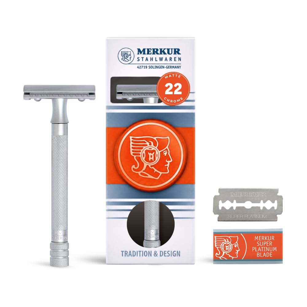 MERKUR 23C Double Edge Safety Razor - Polished Chrome, Long Knurled Brass Handle, Made in Germany, Plastic-Free, Three Piece Design, Closed Comb, Straight Bar