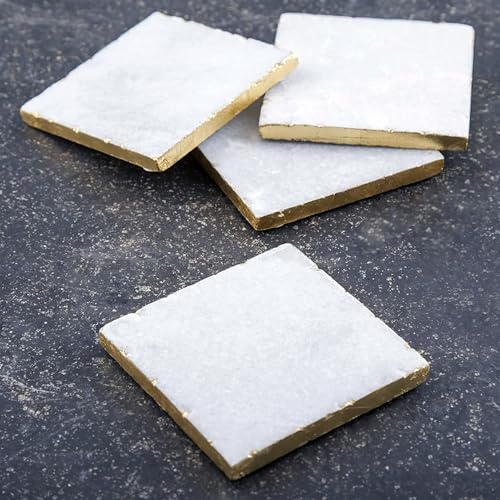 Thirstystone Square White Marble/Gold Edged Coasters (Set of 4), Multicolor | 4" Square, Non-Slip Feet, Absorbent, Elegant