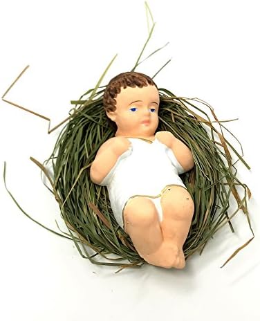 4 Inch Baby Jesus in Manger Figurine, Small Baby Jesus Manger Crib for Nativity Set on Natural Hay, Handcrafted Holy Gift Made in Poland