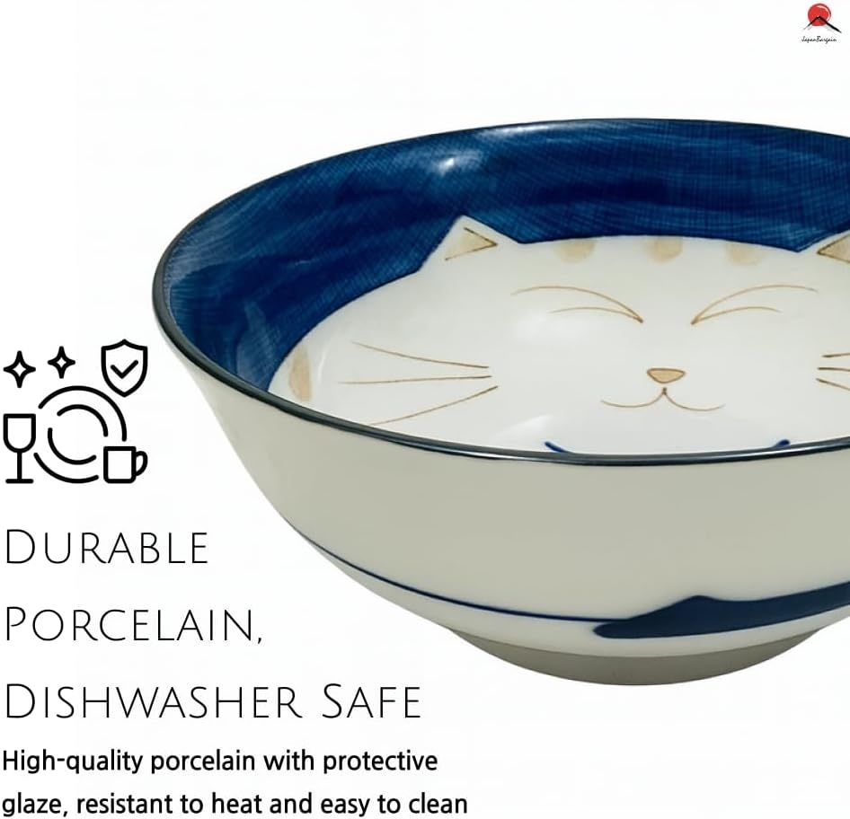 JapanBargain Set of 2 Japanese Porcelain Bowls, Large 7.5 Inch Ramen Udon Noodle Rice Soup Pho Poke Cereal Bowl, Maneki Neko Smiling Lucky Cat Pattern