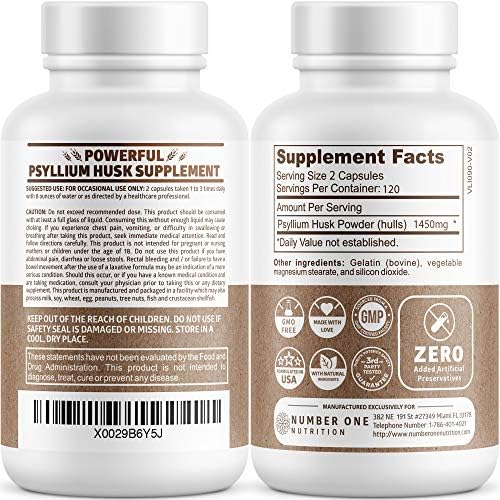Psyllium Husk Capsules 1450mg, Soluble Fiber Support, Non-GMO, 240 Caps