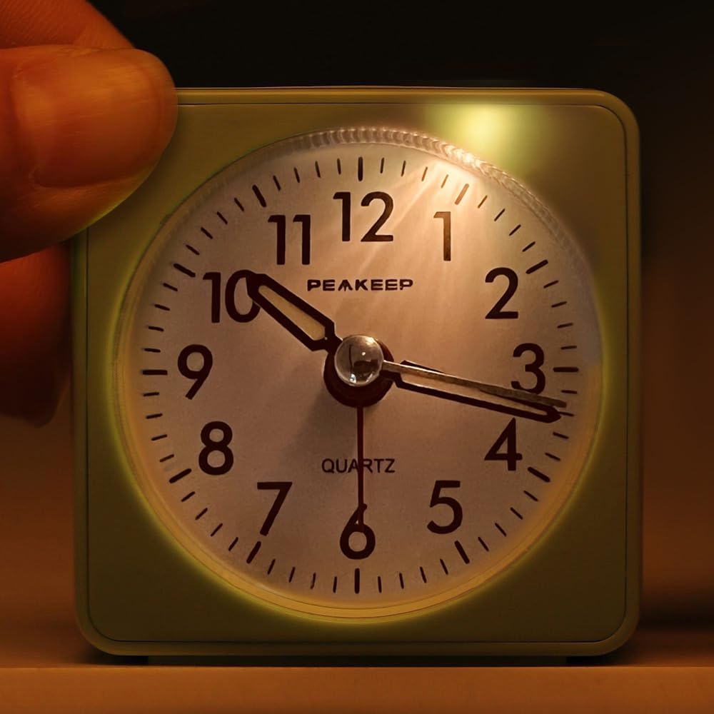 Peakeep Ultra Small, Battery Travel Alarm Clock with Snooze and Light | Silent No Ticking Analog Quartz Clock (Aquamarine)