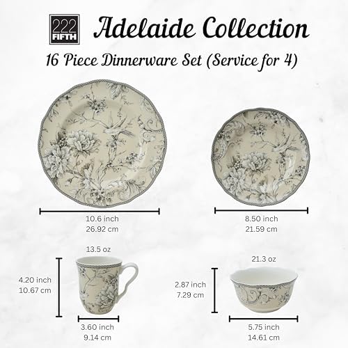222 Fifth Adelaide 16-Piece Black Porcelain Dinnerware Set – Service for 4, Featuring Hand-Applied Romantic Woodland Bird Design