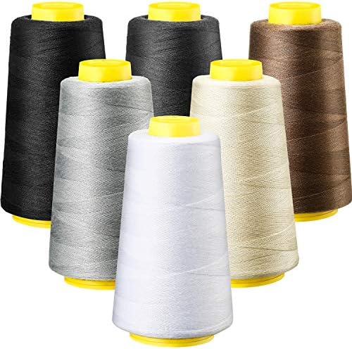 BBTO 6 Rolls 3000 Yard Each Serger Thread Polyester Cones Spool Thread for Sewing Serger Overlock Quilting Sewing Machine (Black, White, Beige, Grey
