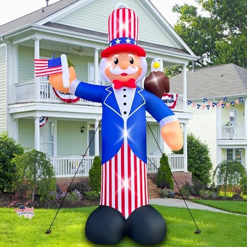SEASONBLOW 12FT Independence Day Inflatable Uncle Sam with Bald Eagle Decorations Patriotic 4th of July LED Light Up Blow up Flag for Home Yard Lawn
