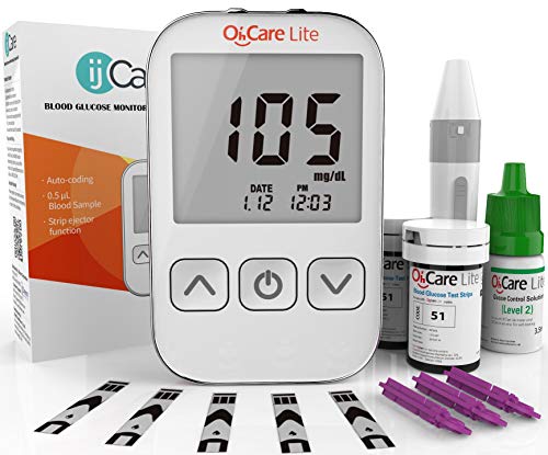Oh’Care Lite Blood Sugar Test Kit – Blood Glucose Meter with Strips and Lancets, Lancing Device, Log