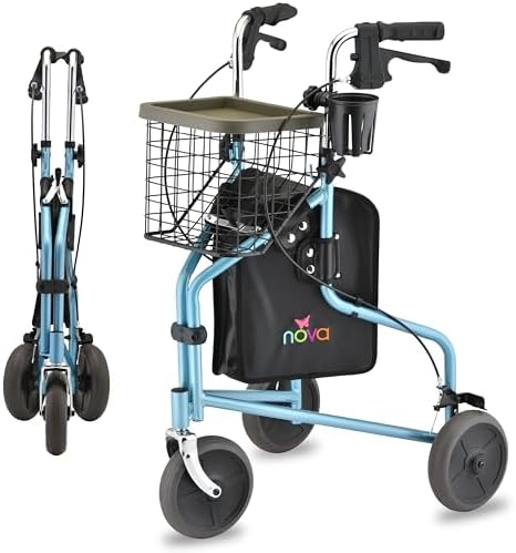 NOVA Traveler Folding 3-Wheel Walker with Tray, Basket, Pouch & Cup Holder, Lightweight Mobility Aid for Seniors & Adults, 8” All-Terrain Wheels for Tight Spaces & Travel, Sky Blue