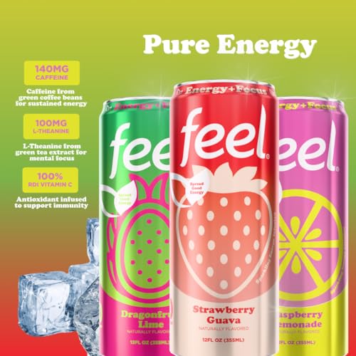 FEEL Variety Pack – Zero Sugar Sparkling Energy Drink – 3 Flavor Assortment, 140mg Plant-Based Caffeine from Green Coffee Beans + L-Theanine – Vitamin C, Vegan, Non-GMO – 12 Pack (12 Fl Oz Cans)