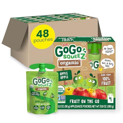 GoGo squeeZ No Sugar Added Organic Applesauce, Apple Apple, 48 Count | Kids on the go fruit snack made with applesauce & fruit puree; 3.2 oz pouches, gluten and nut free, recloseable cap, BPA-free