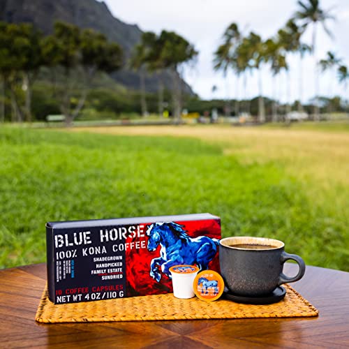 Blue Horse 100% Kona Coffee Pods, Medium Roast, 10ct Single Serve, Compatible with K Cups 2.0, Farm Fresh, Authentic Arabica Beans from Hawaii’s Big Island with a Smooth, Rich Flavor
