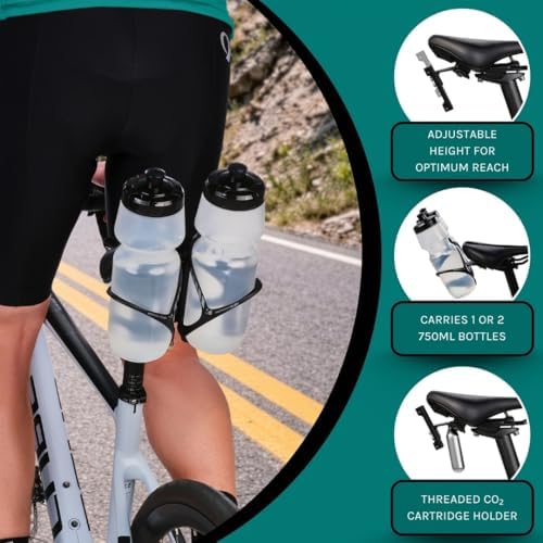VeloChampion Universal Bike Water Bottle Holder Mount & 2 Cages, Standard | Rear Bike Saddle Bottle Cage Mount for Triathlon & Road Cycling. Holds 2 Bottles up to 750ml, Fits Saddle Rails 50-80mm