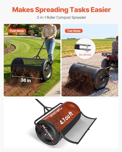 VEVOR Compost Spreader, 36" Wide Peat Moss Spreader with Push/Tow Handle, 4 Heights Adjustable, Powder-Coated Steel Garden Peat Moss Roller, Heavy Duty Grass Seed Roller for Planting Seeding, Black
