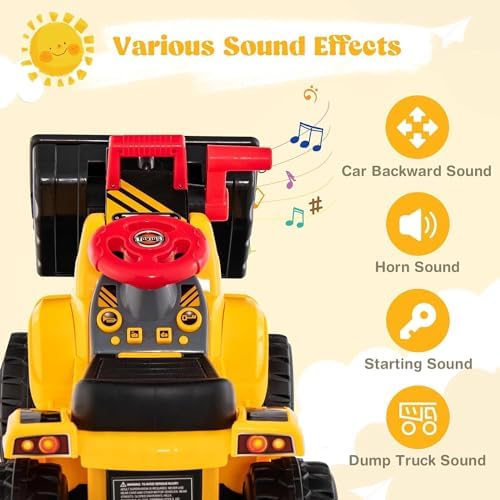 Costzon Ride on Excavator, Ride on Construction Vehicles w/Helmet, 3 Toy Stones, Realistic Sound, Adjustable Bucket & Under Seat Storage, Bulldozer Ride on Toy Gift for Kids Boys & Girls
