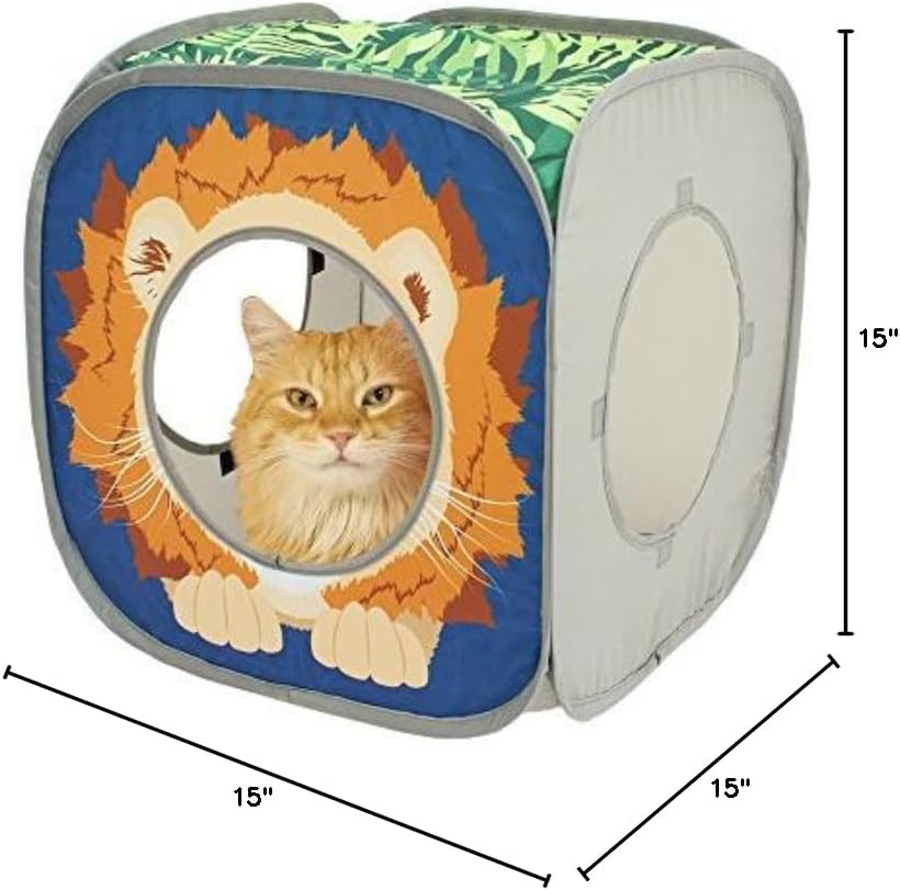 Kitty City Safari Jungle Pop-Up Cat Cube, Collapsible Indoor Cat Hideout & Play Cube with Peekaboo Openings, Easy Storage, 15” x 15” x 15”