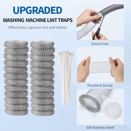 SUNHE YHK Lint Traps for Washing Machine, 40 Pieces | Stainless Steel Laundry Mesh Washer Hose Filter, 40 pcs Cable Ties, Catches Lint