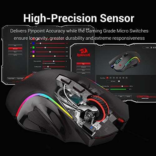 Redragon M602 Gaming Mouse, Ergonomic RGB Gaming Mouse Wired with 7200 Adjustable DPI, 9 Programmable Buttons, Professional Software for Gamer Office [Black]