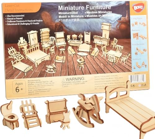 Dollhouse Furniture Set, 34 Wooden Miniatures and Accessories, 1:24 | Laser-cut DIY 3D puzzles, living, dining, kitchen, bath and bedroom pieces