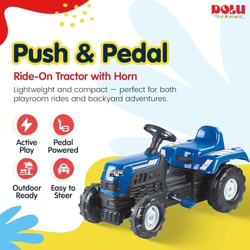 DOLU Ranchero Pedal Operated Ride On Tractor for Kids, Indoor Outdoor Toy Vehicle with Fun Horn and Sturdy Build for for Ages 3 Years and Older, Blue