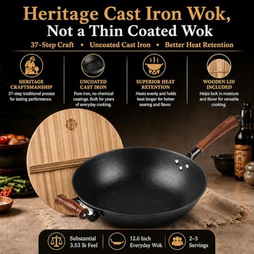 WANGYUANJI 12.6 Inch Cast Iron Wok with Wooden Lid, Handcrafted Flat Bottom Chinese Stir Fry Pan, Uncoated Heavy-Duty Iron Wok for Induction, Gas